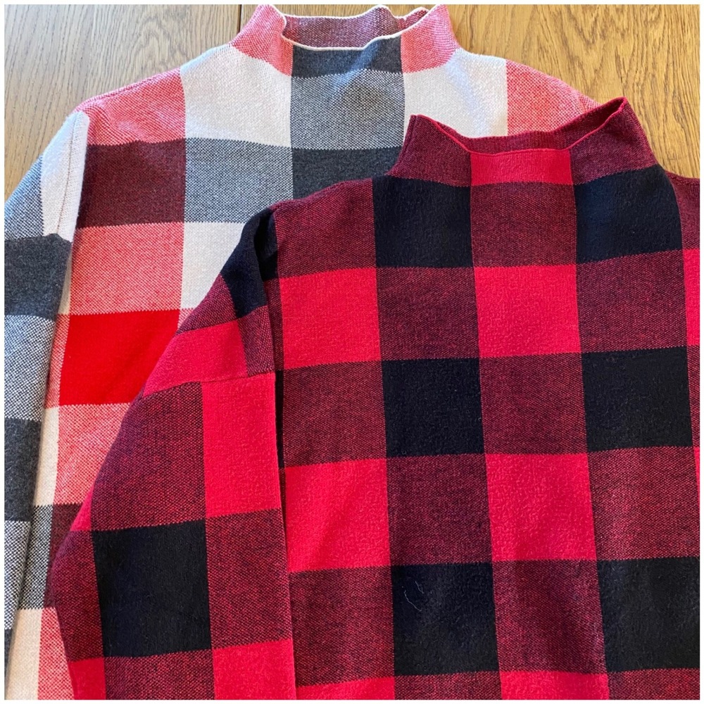 Lot of 2 Tahari Buffalo Plaid Mock Neck Sweaters Knit Red Black Grey Womens XL